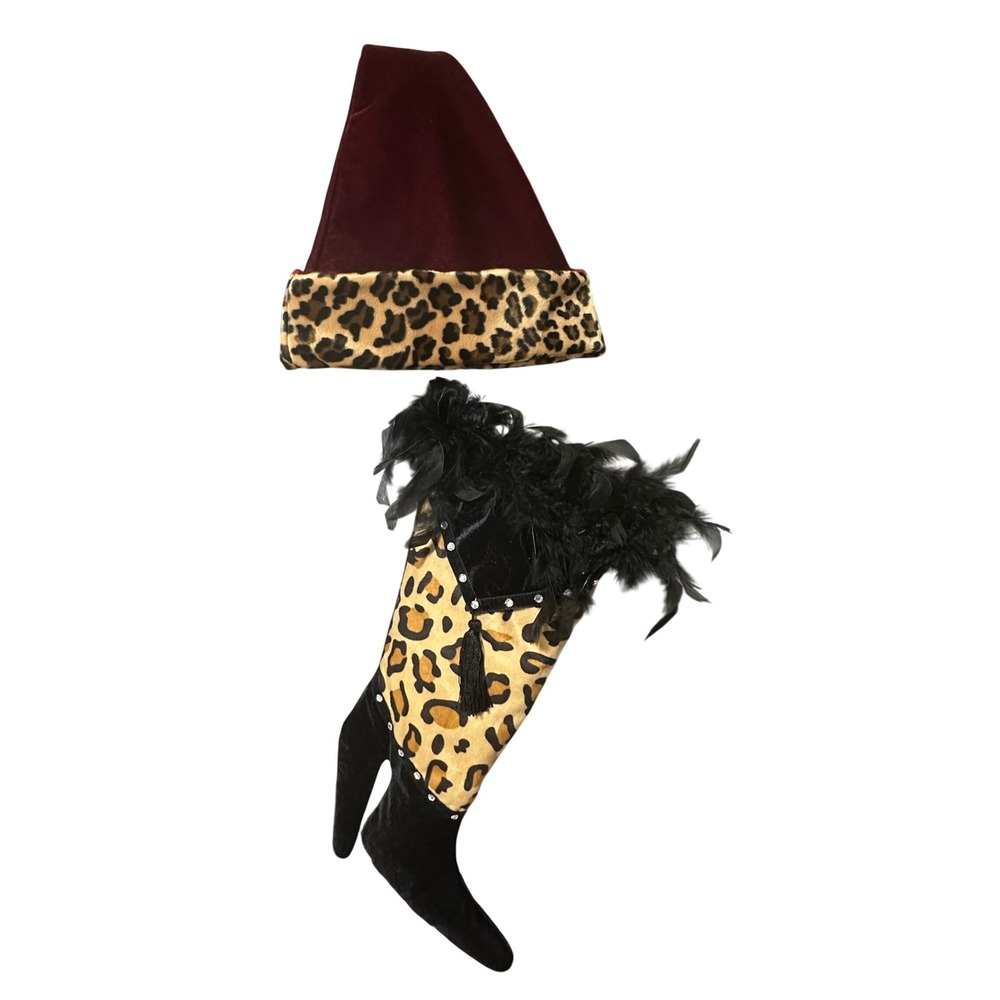Christmas Santa Hat and Stocking Set Leopard Print Velvet Burgundy Black Glamour